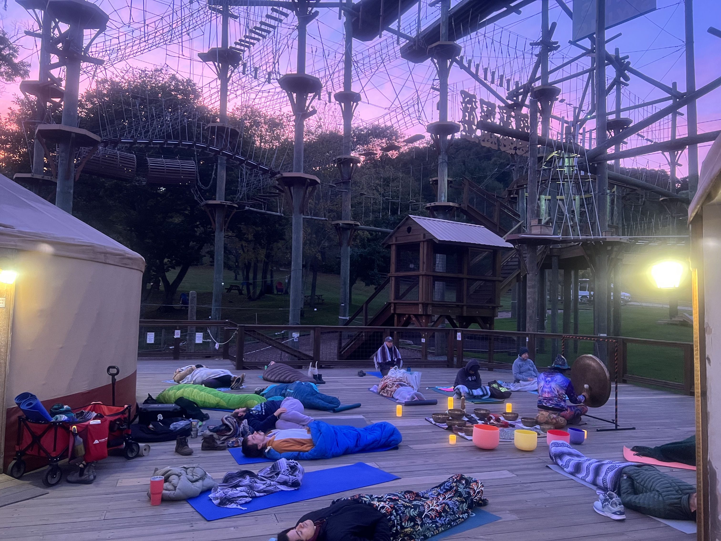 sound bath group at sunset